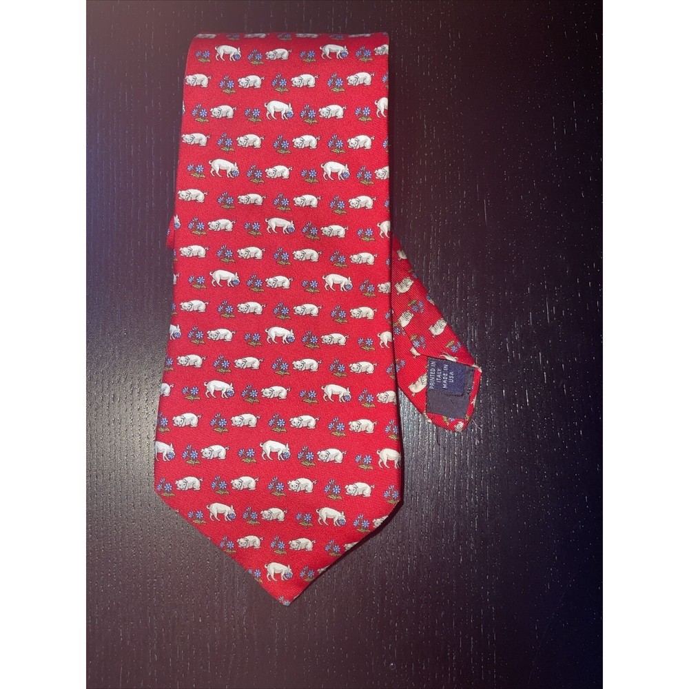 Brooks Brothers red Necktie 100% Silk  Pig & flower Pattern